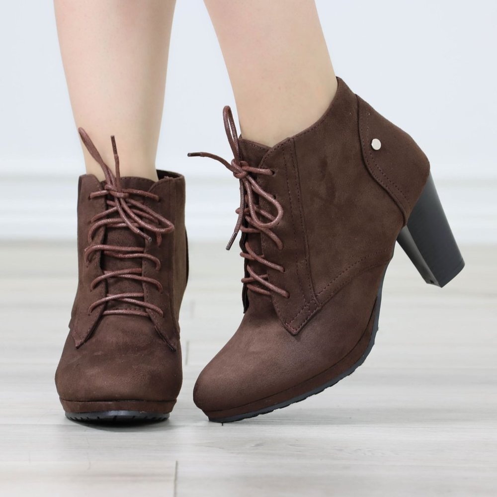 Womens Ankle Boots Lace Up Block Heel Booties Brown Faux Suede - Picture 8 of 11
